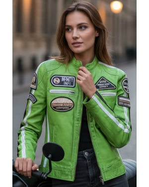 Dames Biker Racing Badges Groen Leren Jas-Esdoorn