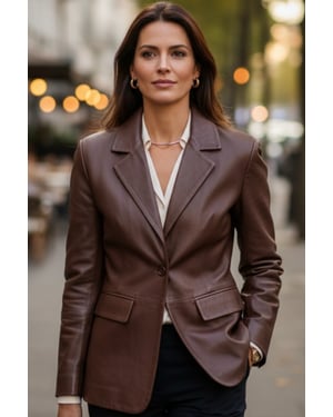 Dames Conker Brown Italiaanse leren blazerjasje-Eclipse