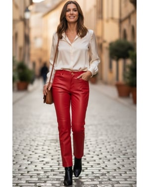 Dames Red Lamb Leather 501 Biker Jeans - Scharlaken
