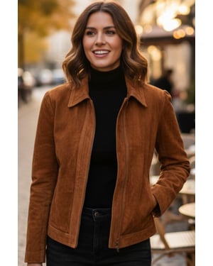 Women’s Tan Suede Leather Bomber Blouson Varsity Jacket - Stella