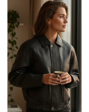 Damer svart läderbiker-blouson bomber Oversize-jacka - Moon