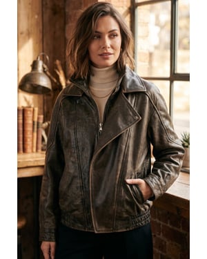 Damer Brown Cow Leather Big Bomber Biker Blouson Oversized Jacka - Bloom