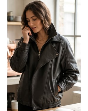 Damer svart lammläder Big Bomber Biker Blouson Oversize-jacka - Bloom