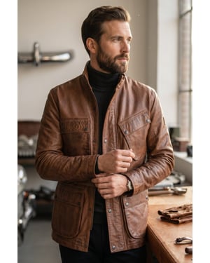Heren Tan Lam Leren Safari Parka Jas - Haven