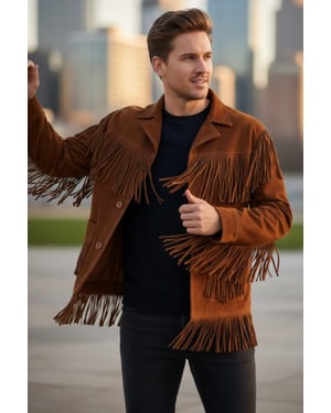Heren Western Retro Tan Cowboy Suède Leren Fringe Jas - Karmozijnrood