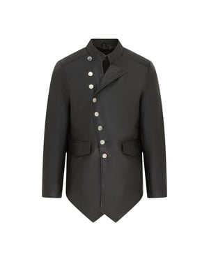 Mens Black Leather Mandarin Military Assymetrical Jacket - Lucifer