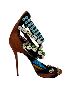 Giuseppe Zanotti Seashell, Rhinestone and Bead Embellished Sandals in Brown Suede