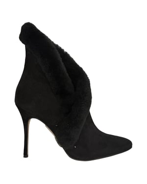 Manolo Blahnik Nestanu 105 Fur Trimmed Ankle Boots in Black Suede