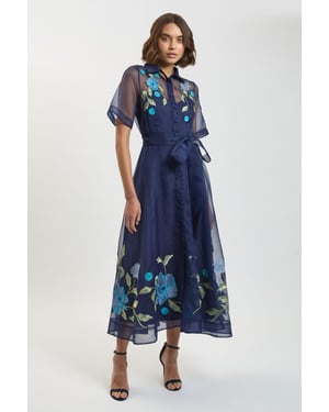 Embroidered Detail Organdie Belted Shirt Dress