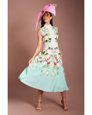 Lisa Tan Lace Trim Placement Print Midi Dress