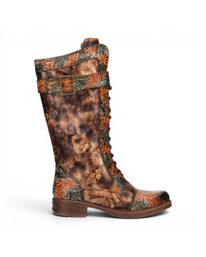 Laura Vita Women's Tan Floral Victorian Leather High Combat Long Boots - Anitao-21