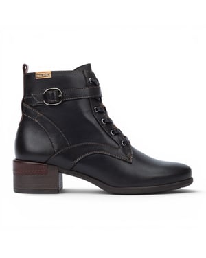 Pikolinos Women's Black Leather Lace-Up Mid-Heel Ankle Boots - Malaga