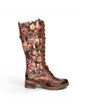 Laura Vita Victoriaanse Floral Maroon Leather High Strike-Up lange laarzen - Cocrailo-82