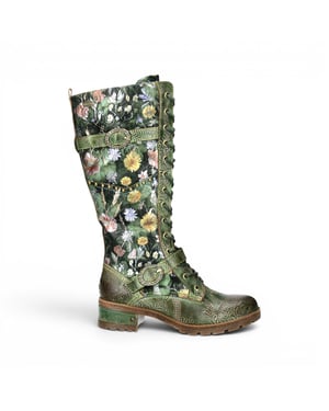 Laura Vita Victoriaanse Floral Green Leren Hoge Veterlaarzen - Cocrailo-82