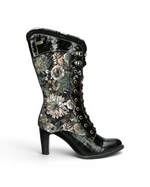 Laura Vita Floral Goth Victoriaanse Zwarte Leren Hoge Laarzen met Hoge Hakken - Alcbane-351