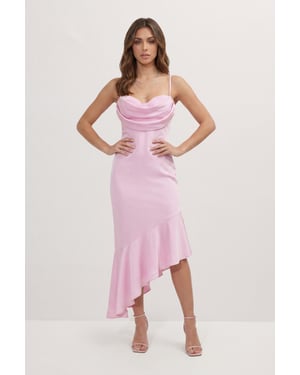 Premium Satin Draped Bust Frill Hem Midi Dress