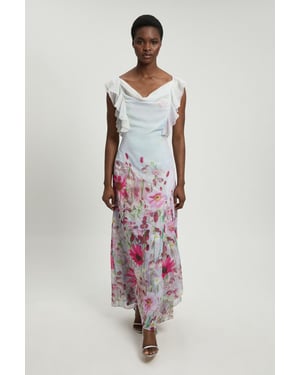 Crinkle Georgette Floral Print Ruffle Sleeve Woven Midi Dress