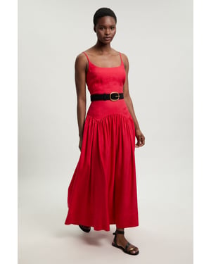 Viscose Linen Belted Drop Waist Woven Midi Dress