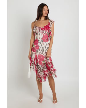 Tall Chiffon Ruffle Detail Floral Asymmetric Midi Dress