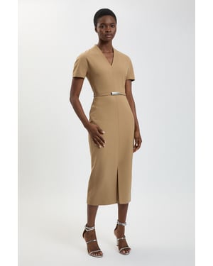 Petite Compact Stretch Tailored Belted Midi Pencil Dress