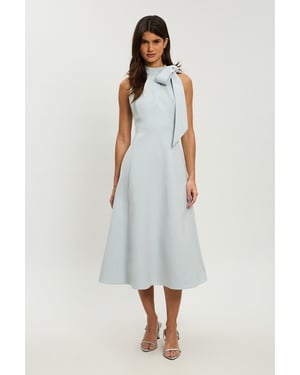 Petite Compact Stretch Bow Tie Neck Full Skirted Midi Dress