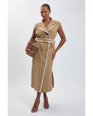 Plus Size Double Breasted Belted Tipped Tailored Midi Dress