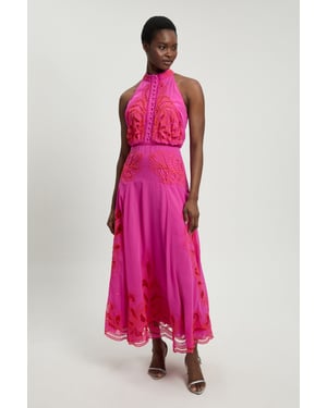 Georgette Placed Cutwork Halter Woven Midi Dress