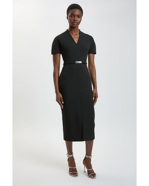 Compact Stretch Tailored Belted Midi Pencil Dress