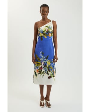 Placement Print Linen Viscose One Shoulder Midi Dress