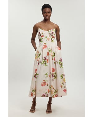 Silk Cotton Floral Strappy Midi Dress