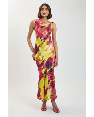 Viscose Satin Floral Print Asymmetric Shoulder Maxi Dress