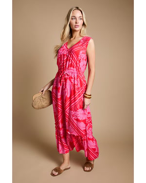 Pink Tropical Sleeveless Drawstring Waist Tiered Maxi Dress