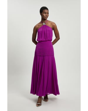 Viscose Georgette Drop Hem Woven Halter Neck Maxi Dress