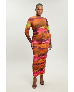 Plus Size Marbled Print Mesh Ruched Maxi Dress