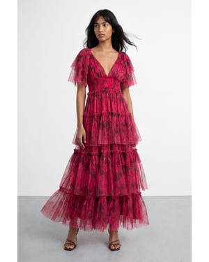 Tulle Floral Plunge Neck Flutter Sleeve Tier Maxi Dress