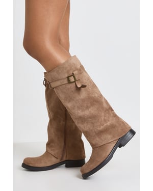 Buckle Detail Foldover Knee High Boots