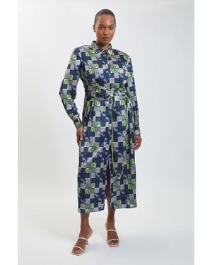 Plus Size Geo Print Hammered Satin Tie Waist Woven Midi Dress