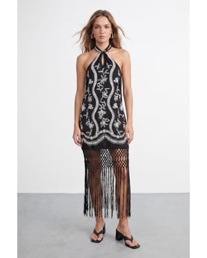 Petite Embroidered Fringe Mini Dress