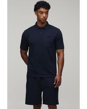 Regular Fit Waffle Button Neck Pocket Polo & Shorts Set