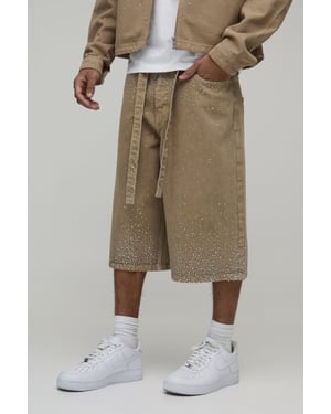 Washed Relaxed Fit Belted Rhinestone Denim Jorts