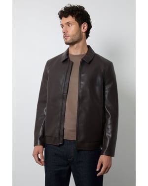 Dark Brown Faux Leather Zip Up Jacket