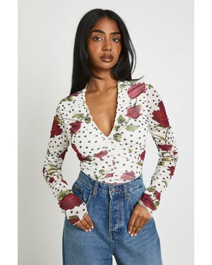 Rose Polka Dot Printed Mesh Ruched Neckline Longsleeve Bodysuit