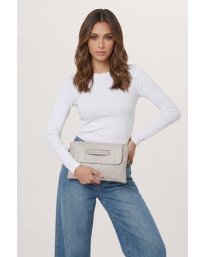 Grey Oversized Faux Leather Look Clutch Bag with Handle