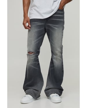 Crease Wash Ripped Knee Flared Jeans