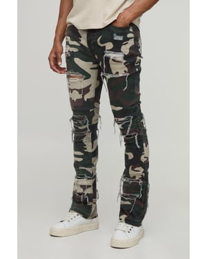 Camo Stacked Skinny Flared Distressed Jeans