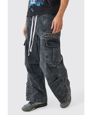 Elastic Waist Acid Wash Parachute Cargo Jeans In Black