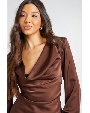 Long Sleeve Satin Cowl Neck Top