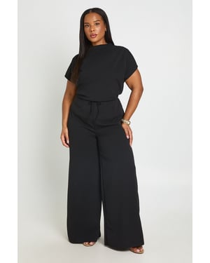 Plus Crepe Grown On Neck Drawstring Waistband Wide Leg Jumpsuit