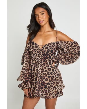 Petite Leopard Chiffon Cold Shoulder Ruffle Playsuit