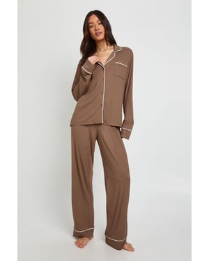 Tall Soft Rib Long Sleeve Shirt & Trouser PJ Set